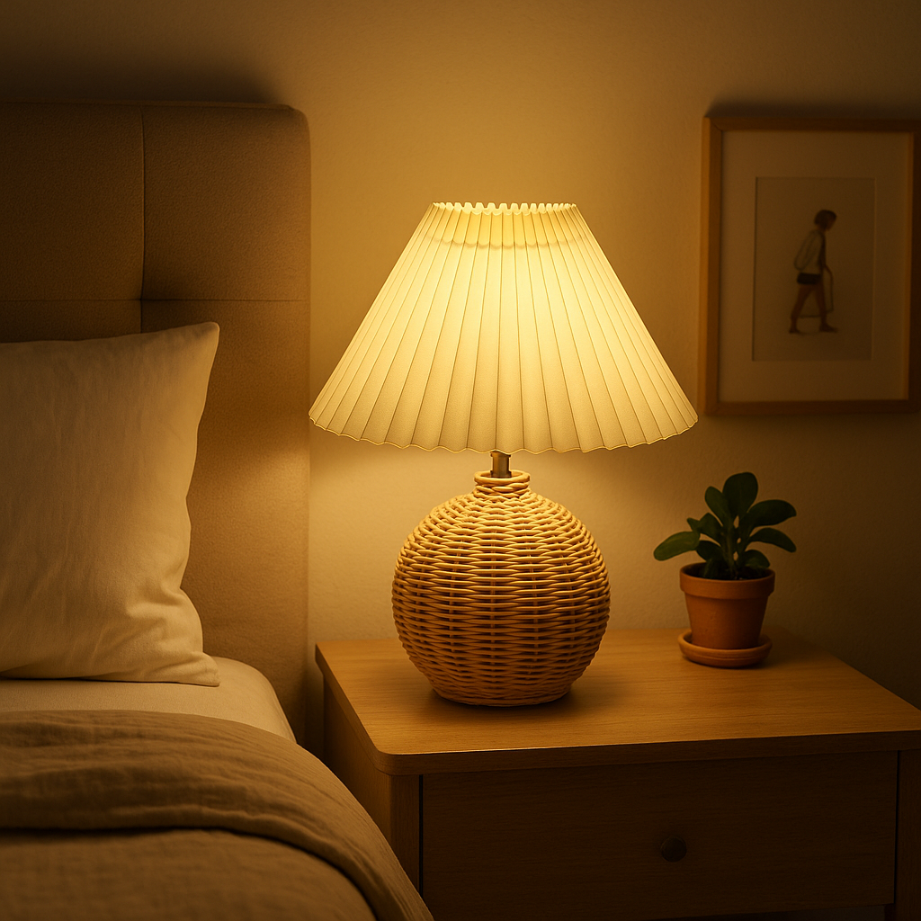 Lampe de Chevet Vintage en Rotin avec Abat-Jour Plissé – LED USB, Style Rétro Élégant et Lumière Douce Apaisante