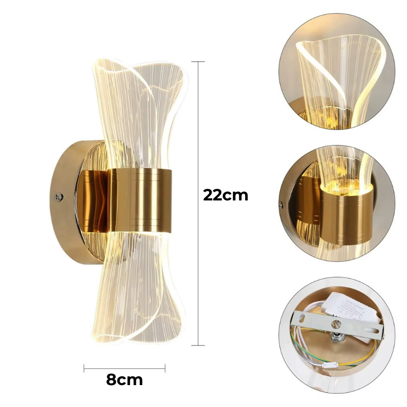 Lampe de Chevet Murale LED Dorée – Acrylique Design Luxe, 12W, 3 Températures de Couleur pour Ambiance Moderne