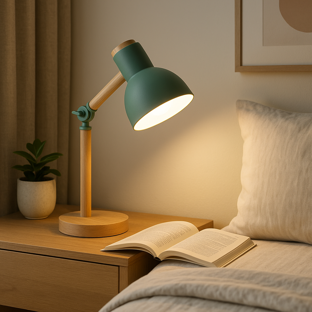 Lampe de Chevet Nordique en Bois — Tête Orientable LED, Design Moderne & Lumière Douce pour Lecture Enfant