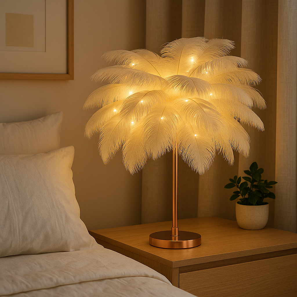 Lampe de Chevet à Plumes Rechargeable – LED Tactile USB, Design Romantique et Ambiance Douce pour Chambre ou Mariage