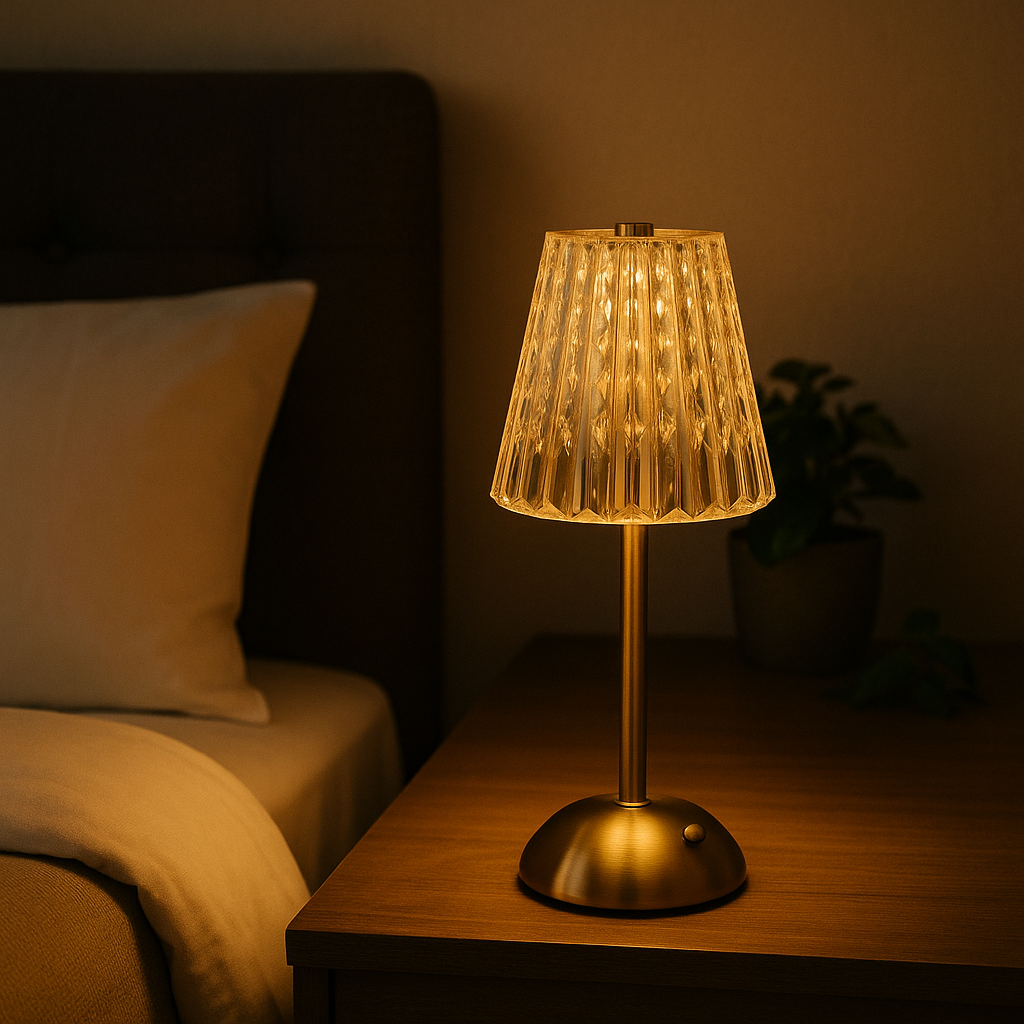 Lampe de Chevet Cristal Doré Rechargeable — Tactile LED Dimmable & Éclairage Chaud Élégant