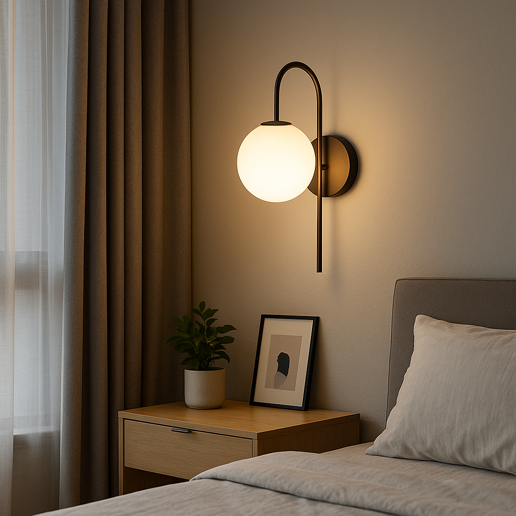 Lampe de Chevet Murale LED Moderne – Globe en Verre Givré, Finition Noir & Or, Lumière Douce et Élégante pour Chambre ou Salon