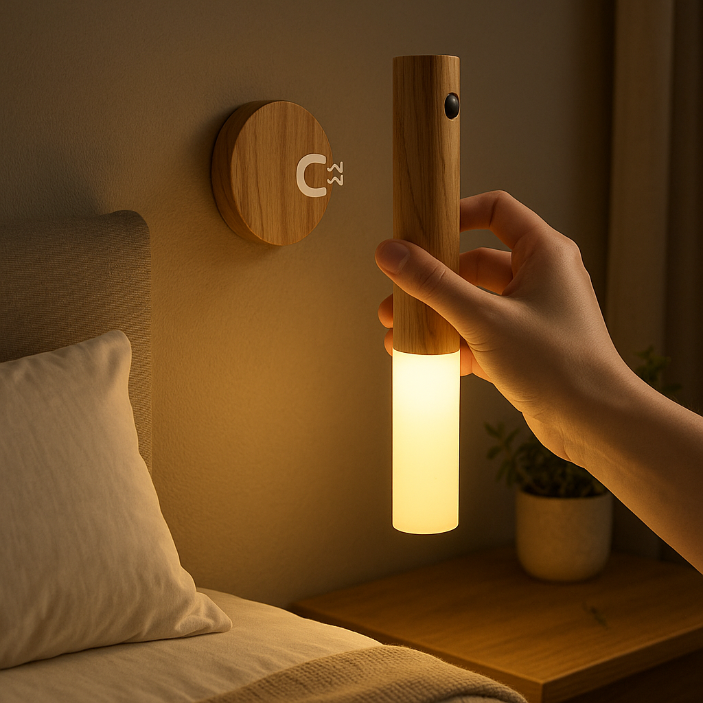 Lampe de Chevet LED Rechargeable USB-C avec Détecteur de Mouvement – Design Bois Minimaliste, Éclairage Doux et Pratique