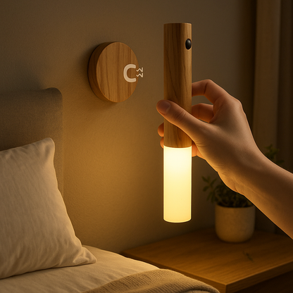 Lampe de Chevet LED Rechargeable USB-C avec Détecteur de Mouvement – Design Bois Minimaliste, Éclairage Doux et Pratique