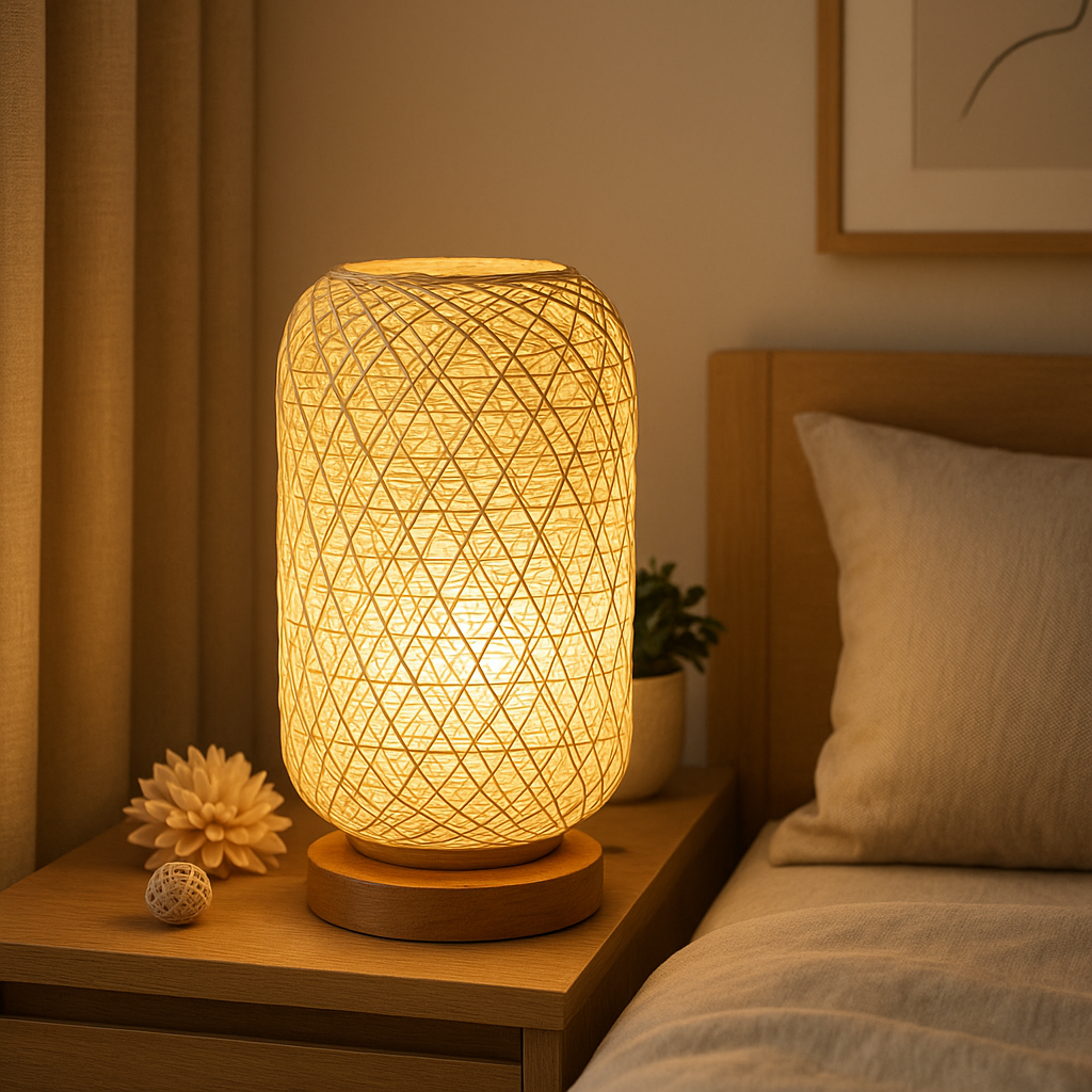 Lampe de Chevet Rotin et Bois – Design Tressé à Main, Lumière LED Chaude, Ambiance Naturelle et Apaisante