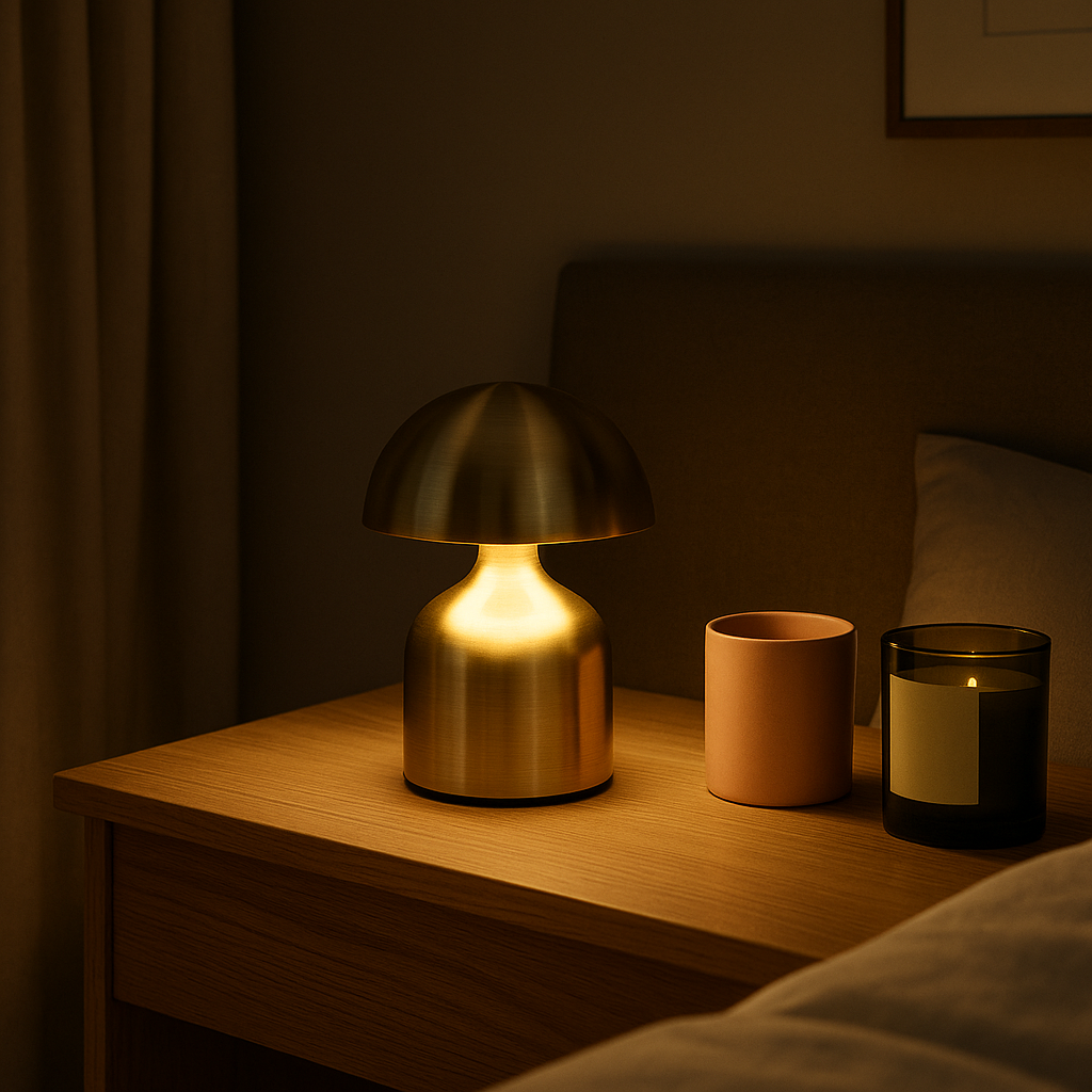 Lampe de Chevet LED Tactile Rechargeable – 3 Couleurs Ajustables, Design Champignon en Métal, Sans Fil Élégant et Cosy