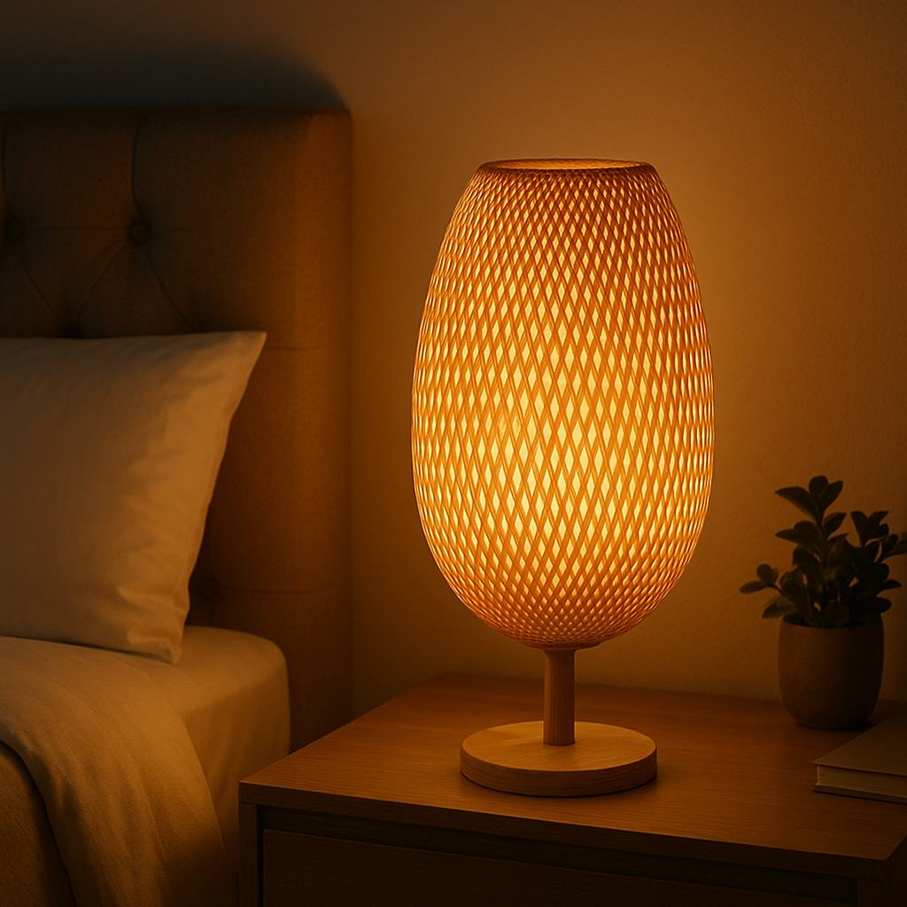 Lampe de Chevet Japonaise en Bois et Bambou Tressé – Design Zen, Lumière Chaleureuse et Ambiance Apaisante