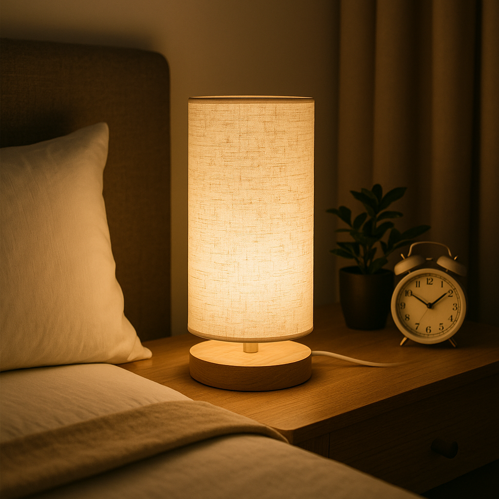 Lampe de Chevet LED en Bois et Lin – Design Minimaliste, Lumière Chaude Apaisante pour Ambiance Cosy