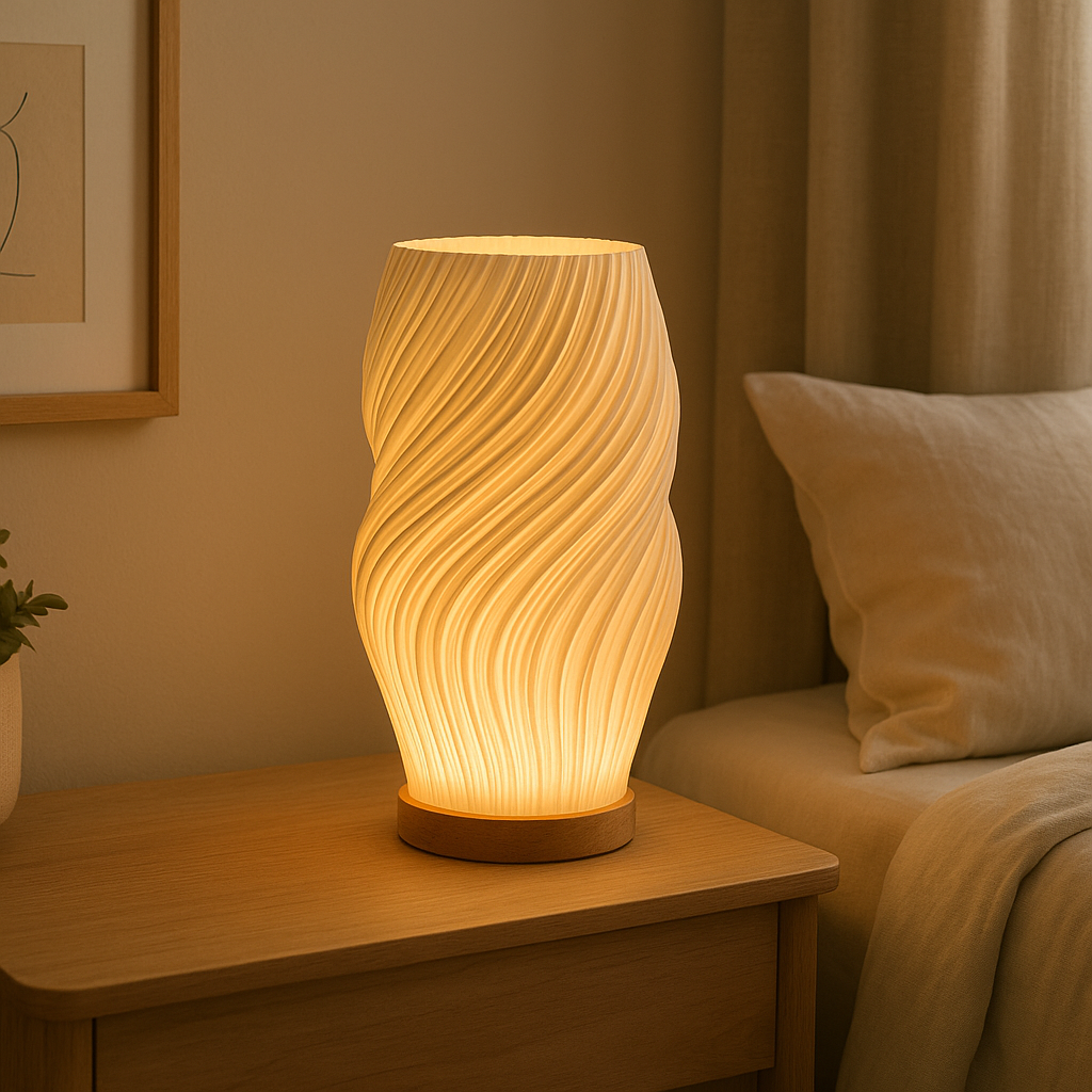 Lampe de Chevet LED Plissée 3D à Intensité Réglable – Design Moderne, Base en Bois et Lumière Douce Apaisante