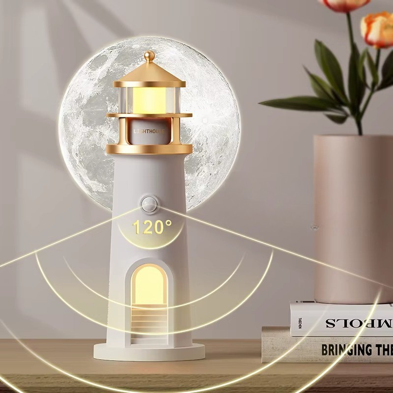 Lampe de Chevet Phare avec Projection de Lune – Veilleuse Enfant, Capteur de Mouvement ou Télécommande pour Douces Nuits