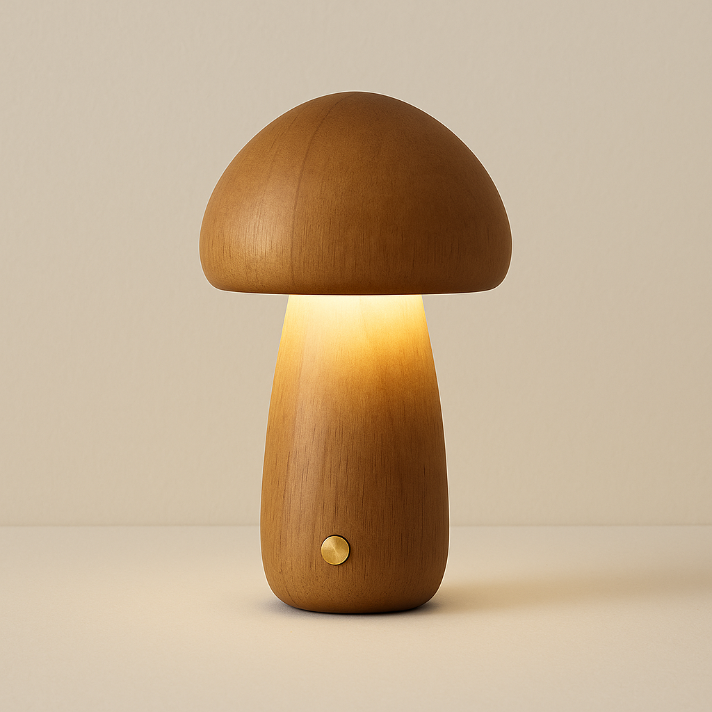 Lampe de Chevet Champignon Bois — LED Tactile 3 Niveaux, Design Minimaliste & Lumière Apaisante