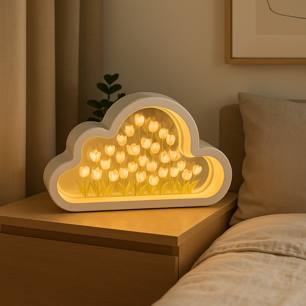 Lampe de Chevet Nuage Tulipes LED – Design Miroir DIY, Lumière Douce et Poétique pour Ambiance Cosy Enfant