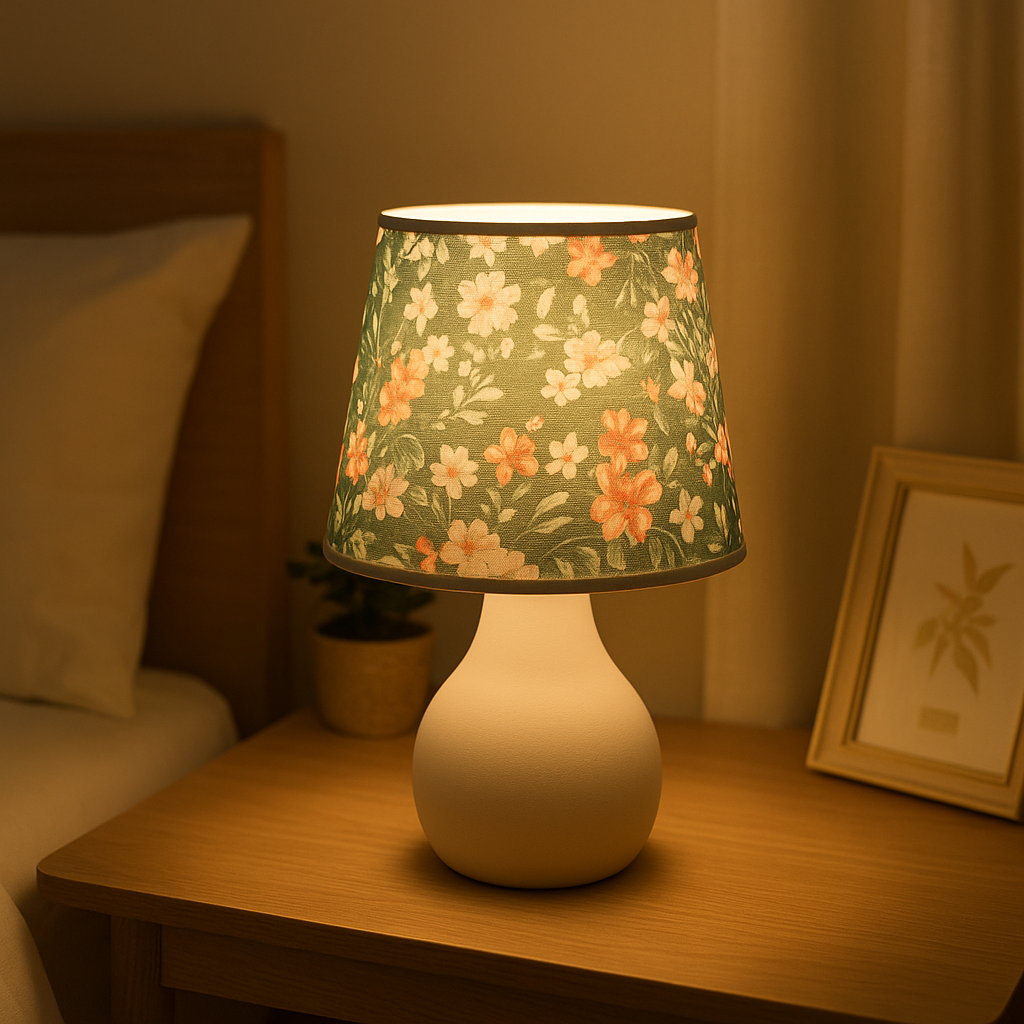 Lampe de Chevet USB Tissu Fleuri – Design Minimaliste, Lumière Chaude Apaisante pour Chambre ou Salon