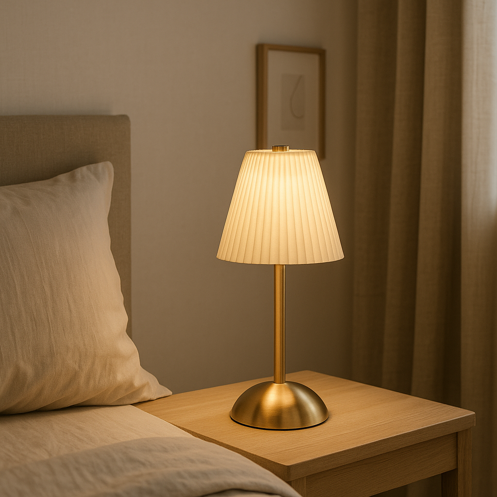 Lampe de Chevet LED Plissée Tactile – Rechargeable USB, Abat-Jour en Tissu Élégant, Éclairage Doux et Cosy
