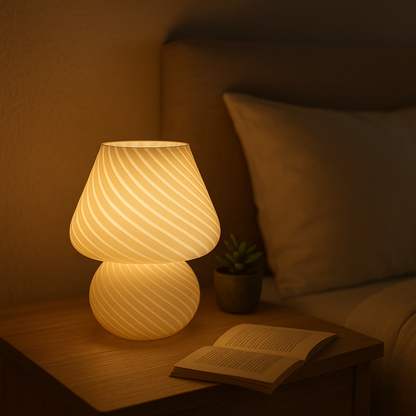 Lampe de Chevet Champignon en Verre Strié – LED USB, Design Murano Élégant pour Ambiance Douce et Cosy