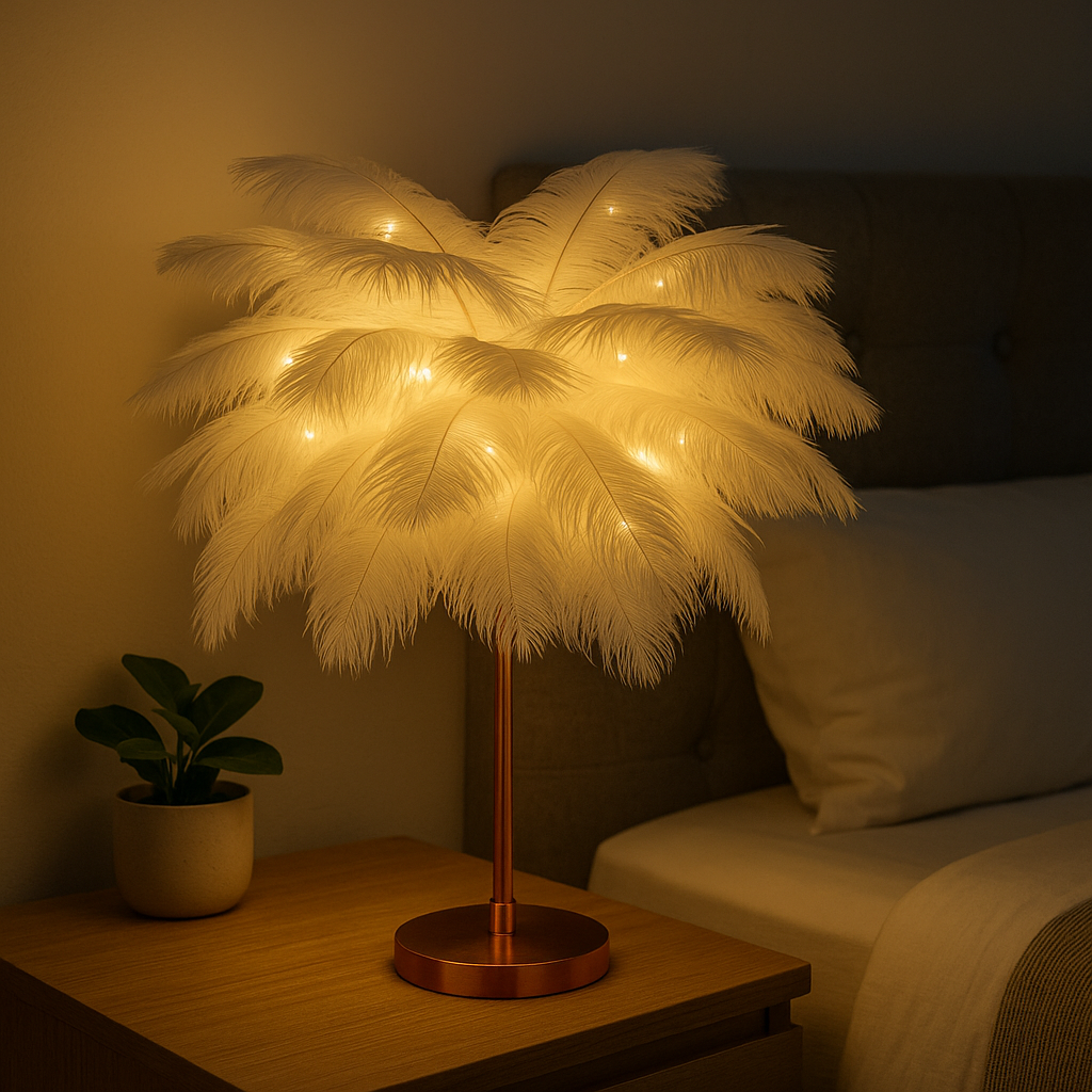 Lampe de Chevet à Plumes Rechargeable – LED Tactile USB, Design Romantique et Ambiance Douce pour Chambre ou Mariage