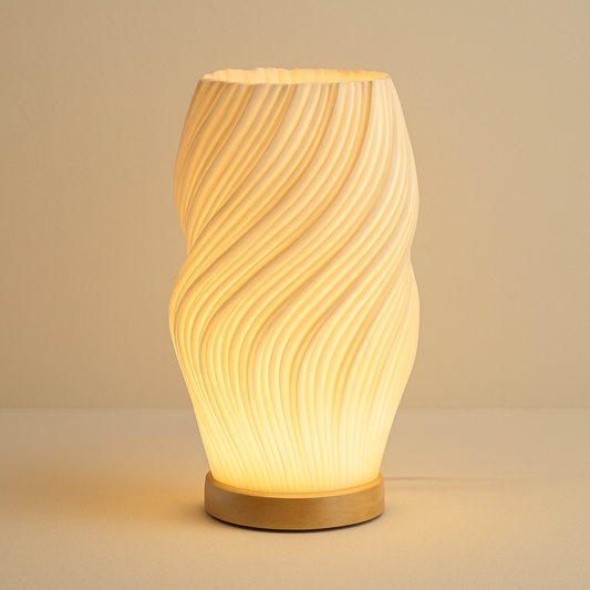 Lampe de Chevet LED Plissée 3D à Intensité Réglable – Design Moderne, Base en Bois et Lumière Douce Apaisante