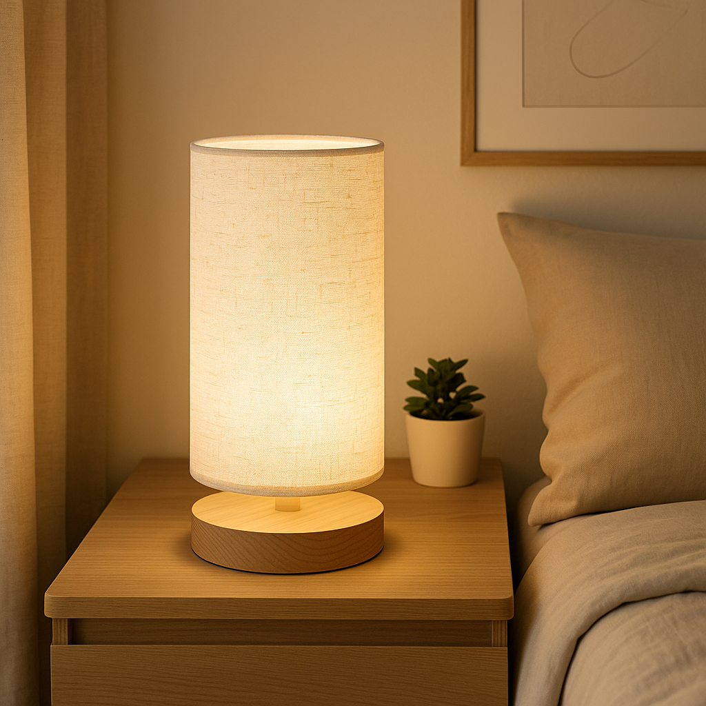 Lampe de Chevet LED en Bois et Lin – Design Minimaliste, Lumière Chaude Apaisante pour Ambiance Cosy