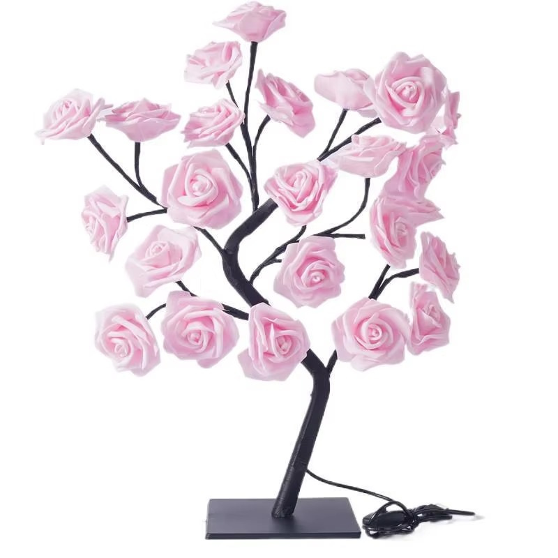 Lampe de Chevet LED Arbre de Roses – 24 Lumières USB, Branches Modulables pour Ambiance Romantique et Déco Élégante