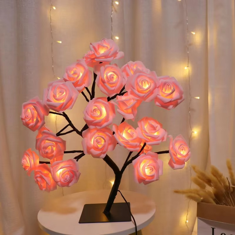 Lampe de Chevet LED Arbre de Roses – 24 Lumières USB, Branches Modulables pour Ambiance Romantique et Déco Élégante