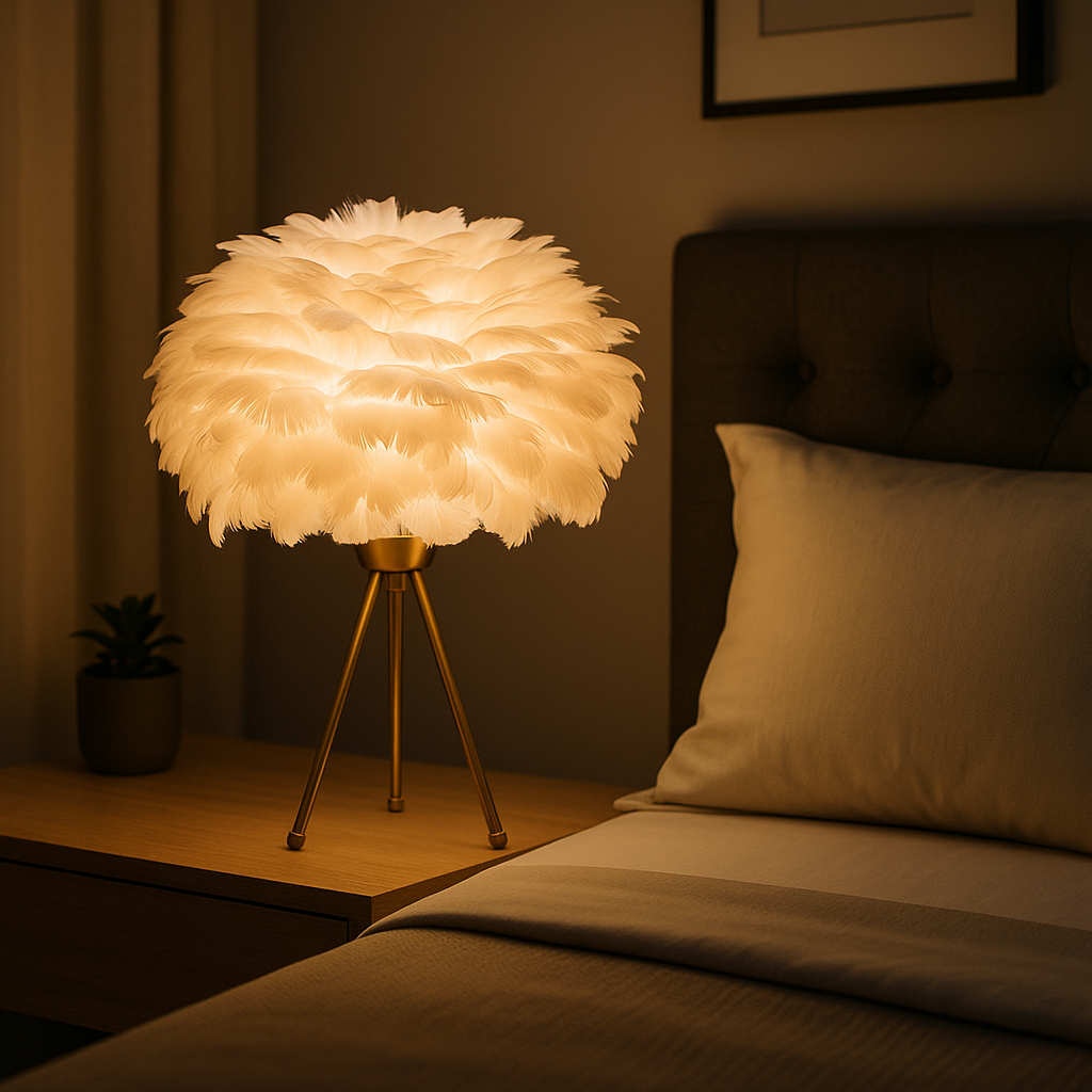 Lampe de Chevet Plumes d’Oie Naturelles – LED Design Nordique sur Trépied Doré, Lumière Douce et Ambiance Romantique