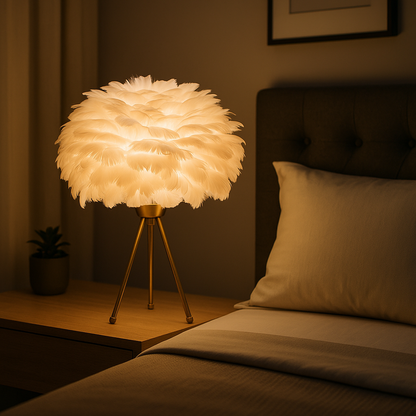 Lampe de Chevet Plumes d’Oie Naturelles – LED Design Nordique sur Trépied Doré, Lumière Douce et Ambiance Romantique