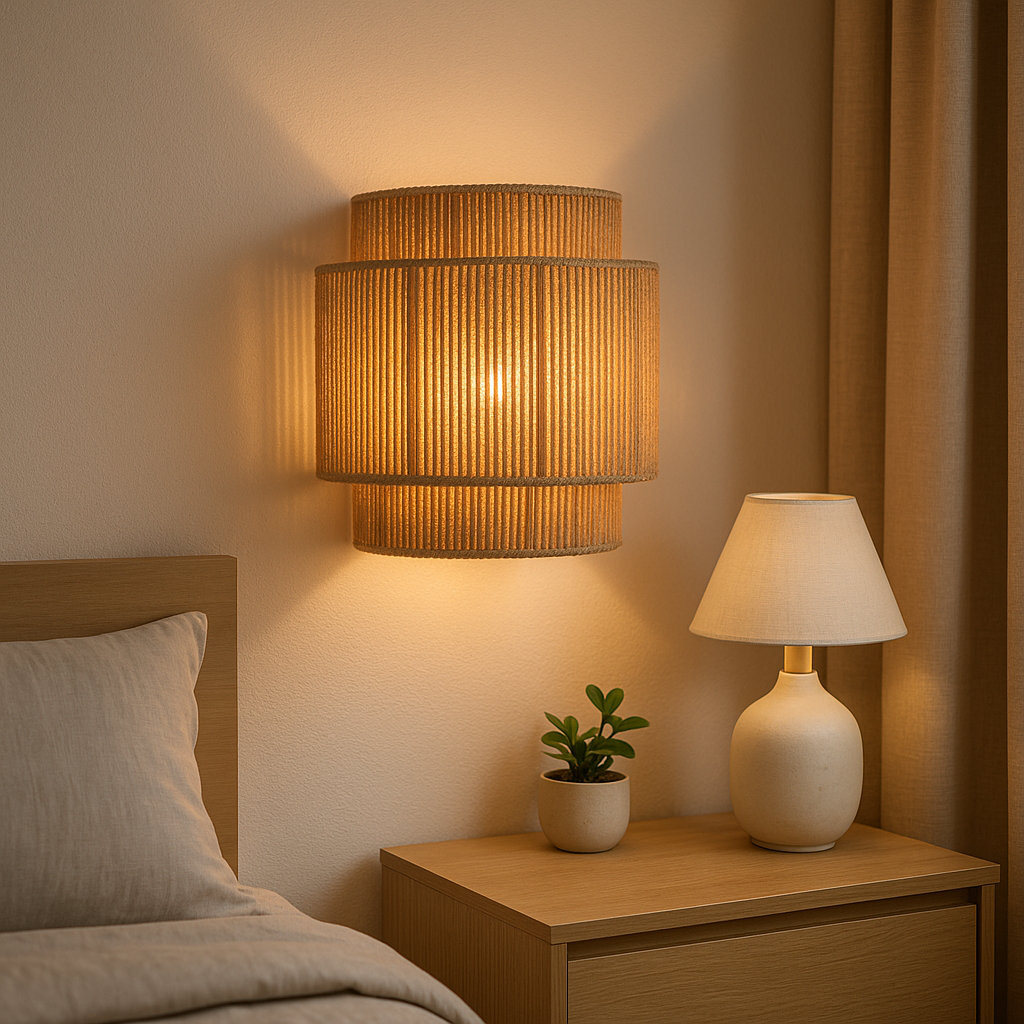 Lampe de Chevet Murale en Chanvre Tressé – Design Bohème Art Déco, Lumière Chaleureuse et Ambiance Apaisante