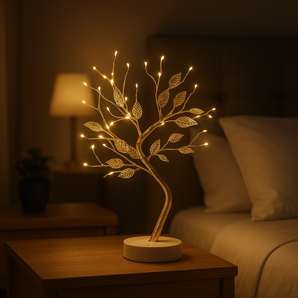 Lampe de Chevet LED Arbre Doré 72 LED – Feuilles d’Or Tactiles, USB ou Piles, Ambiance Féérique et Déco Élégante