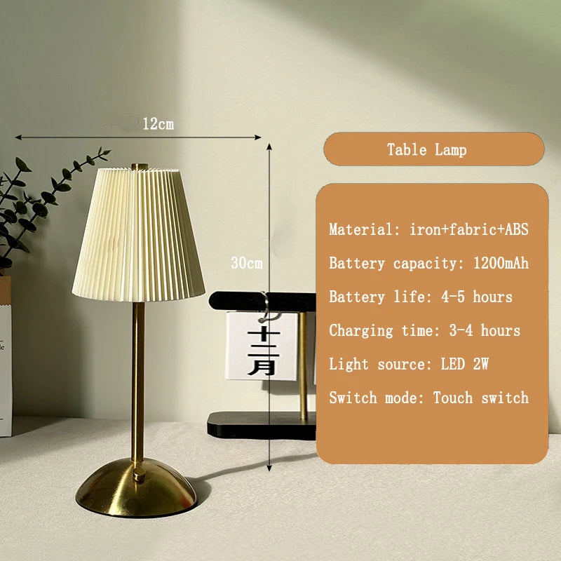 Lampe de Chevet LED Plissée Tactile – Rechargeable USB, Abat-Jour en Tissu Élégant, Éclairage Doux et Cosy