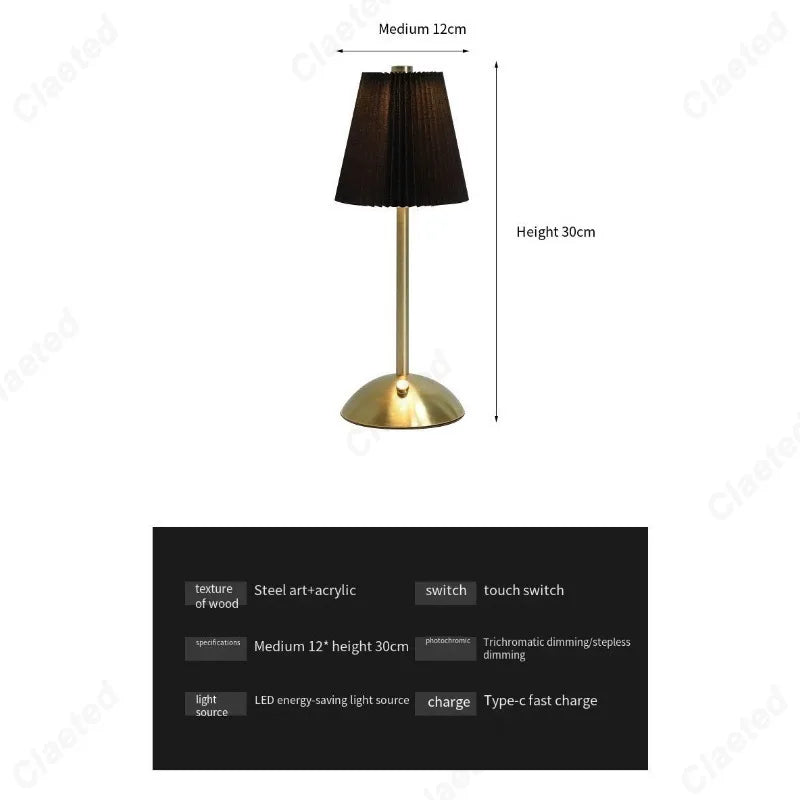 Lampe de Chevet LED Plissée Tactile – Rechargeable USB, Abat-Jour en Tissu Élégant, Éclairage Doux et Cosy