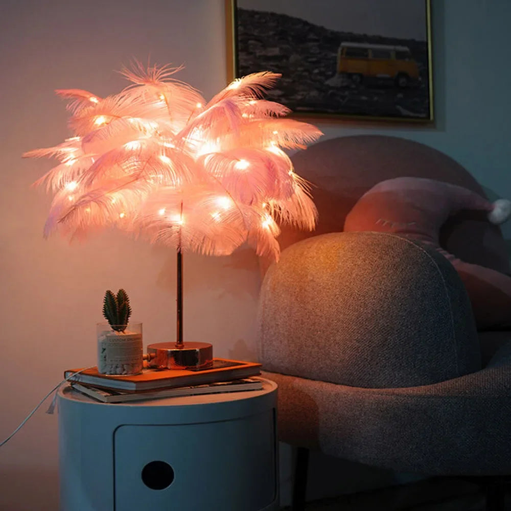 Lampe de Chevet à Plumes Rechargeable – LED Tactile USB, Design Romantique et Ambiance Douce pour Chambre ou Mariage