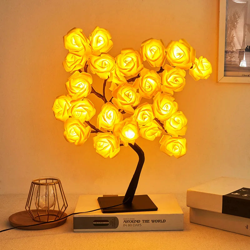 Lampe de Chevet LED Arbre de Roses – Branches Flexibles, Lumière Féérique et Ambiance Magique pour Déco Cosy