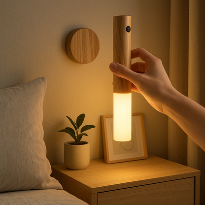Lampe de Chevet LED Rechargeable USB-C avec Détecteur de Mouvement – Design Bois Minimaliste, Éclairage Doux et Pratique