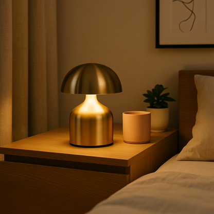 Lampe de Chevet LED Tactile Rechargeable – 3 Couleurs Ajustables, Design Champignon en Métal, Sans Fil Élégant et Cosy