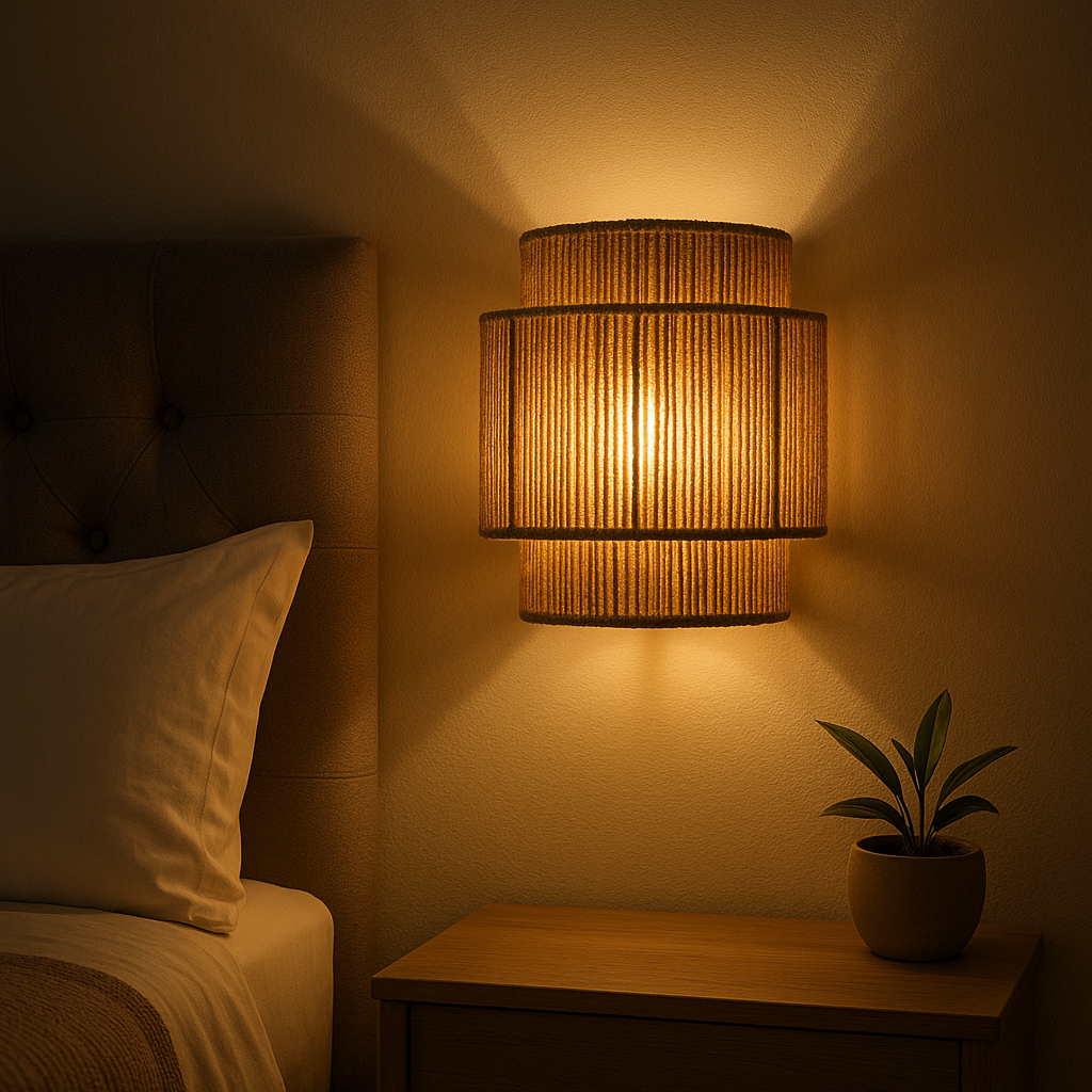 Lampe de Chevet Murale en Chanvre Tressé – Design Bohème Art Déco, Lumière Chaleureuse et Ambiance Apaisante