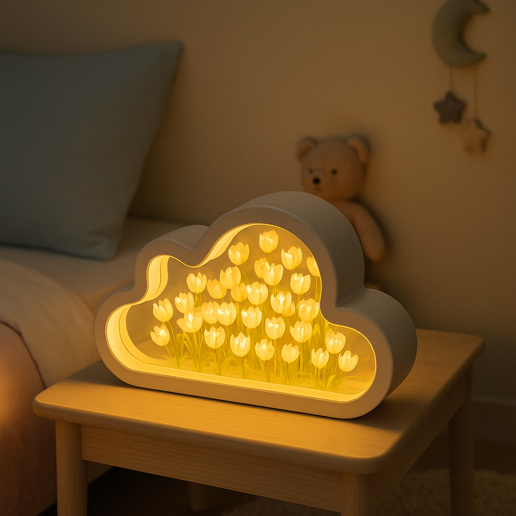 Lampe de Chevet Nuage Tulipes LED – Design Miroir DIY, Lumière Douce et Poétique pour Ambiance Cosy Enfant