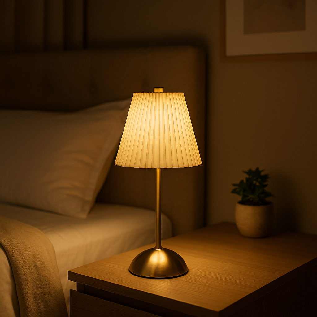 Lampe de Chevet LED Plissée Tactile – Rechargeable USB, Abat-Jour en Tissu Élégant, Éclairage Doux et Cosy