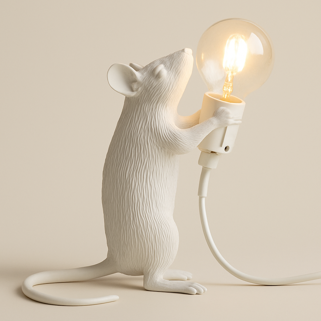 Lampe de Chevet LED Animale en Résine – Design Original Souris Tenant une Ampoule, Lumière Décorative et Moderne