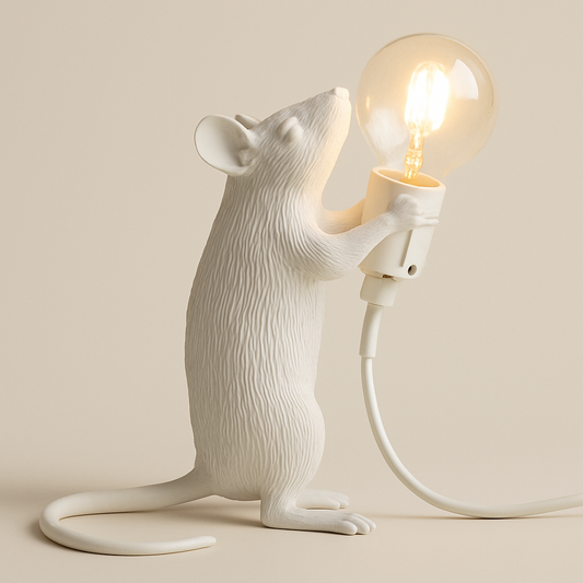 Lampe de Chevet LED Animale en Résine – Design Original Souris Tenant une Ampoule, Lumière Décorative et Moderne
