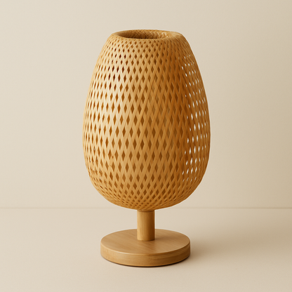 Lampe de Chevet Japonaise en Bois et Bambou Tressé – Design Zen, Lumière Chaleureuse et Ambiance Apaisante