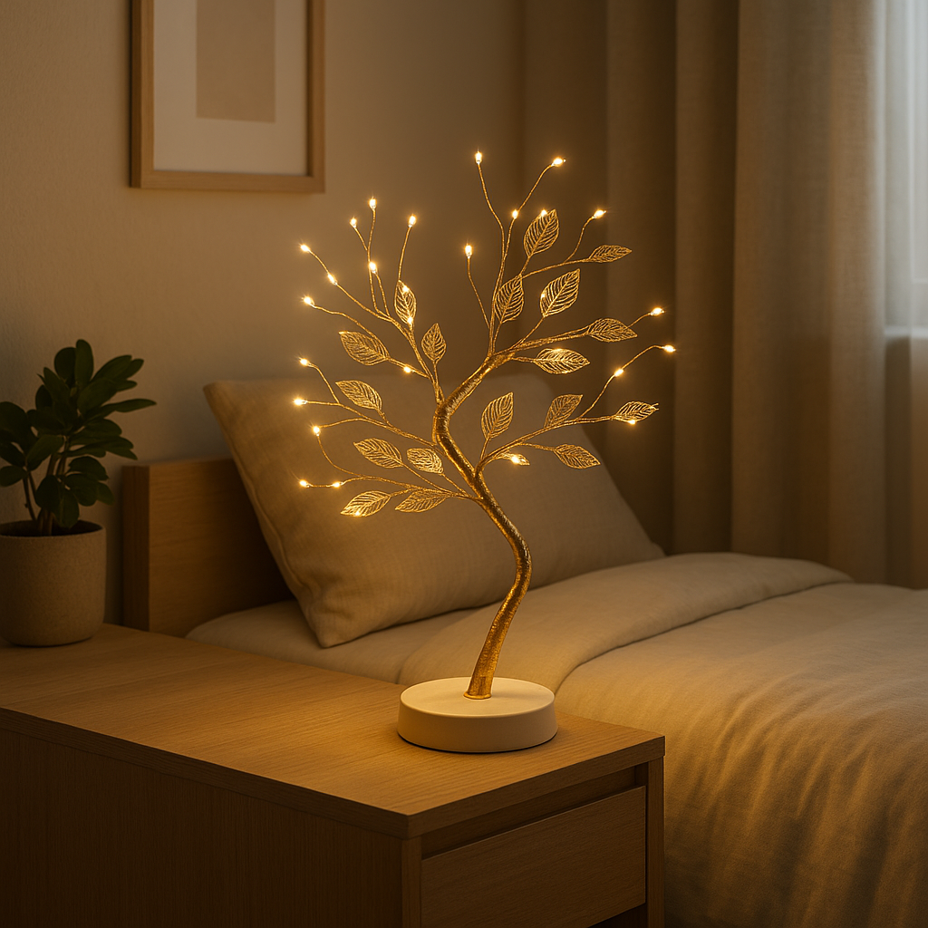 Lampe de Chevet LED Arbre Doré 72 LED – Feuilles d’Or Tactiles, USB ou Piles, Ambiance Féérique et Déco Élégante