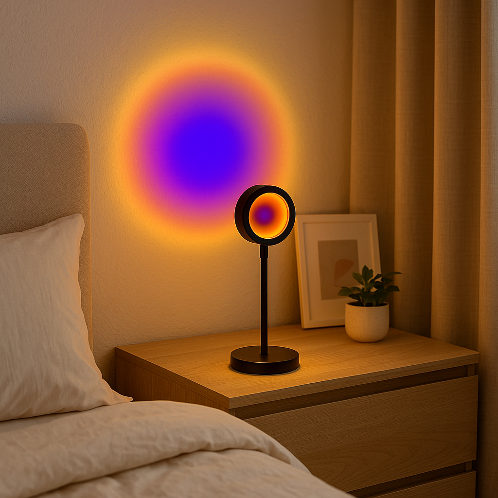 Lampe de Chevet LED Sunset Intelligente – Projection RGB 360°, Contrôle App & Télécommande pour Ambiance Colorée et Photos Créatives