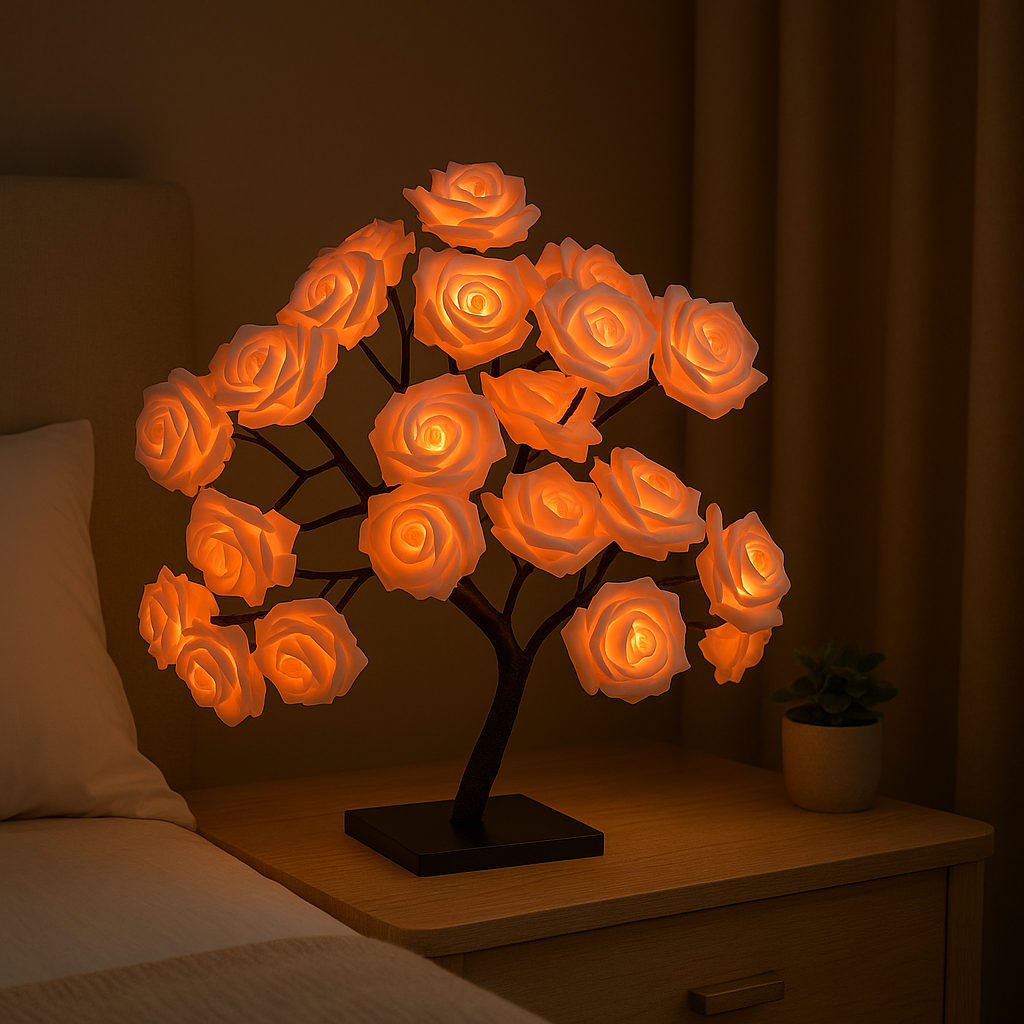 Lampe de Chevet LED Arbre de Roses – 24 Lumières USB, Branches Modulables pour Ambiance Romantique et Déco Élégante