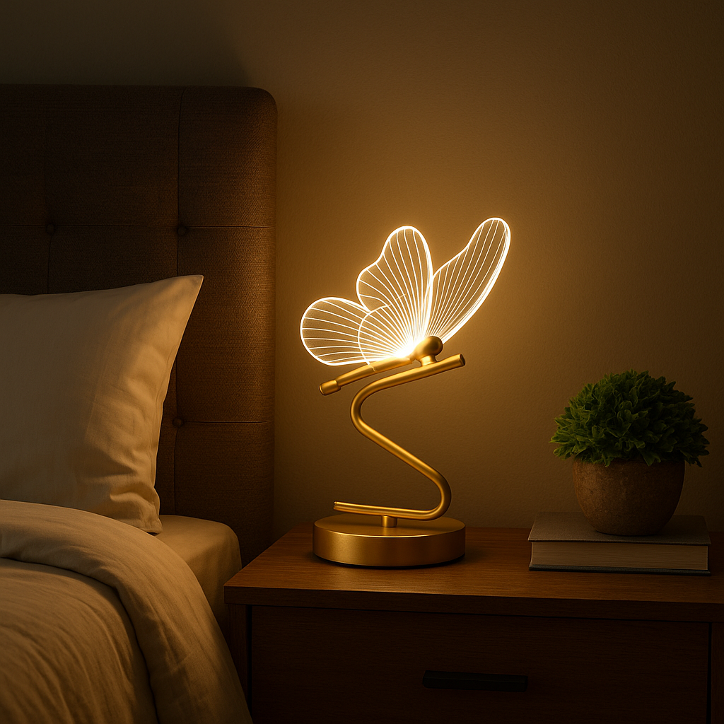 Lampe de Chevet Papillon LED – Design Nordique Doré, 3 Couleurs de Lumière USB, Éclairage Élégant et Apaisant
