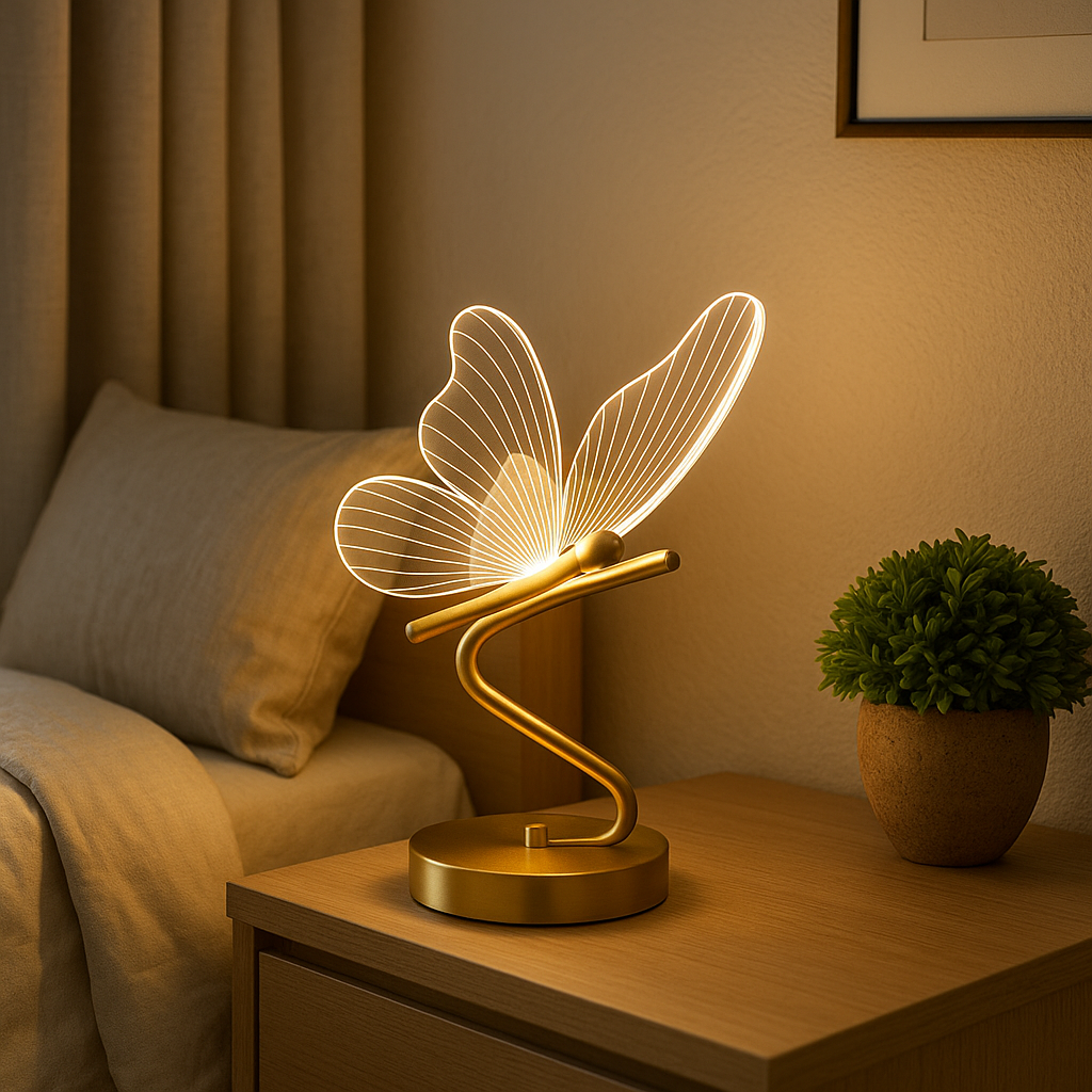 Lampe de Chevet Papillon LED – Design Nordique Doré, 3 Couleurs de Lumière USB, Éclairage Élégant et Apaisant