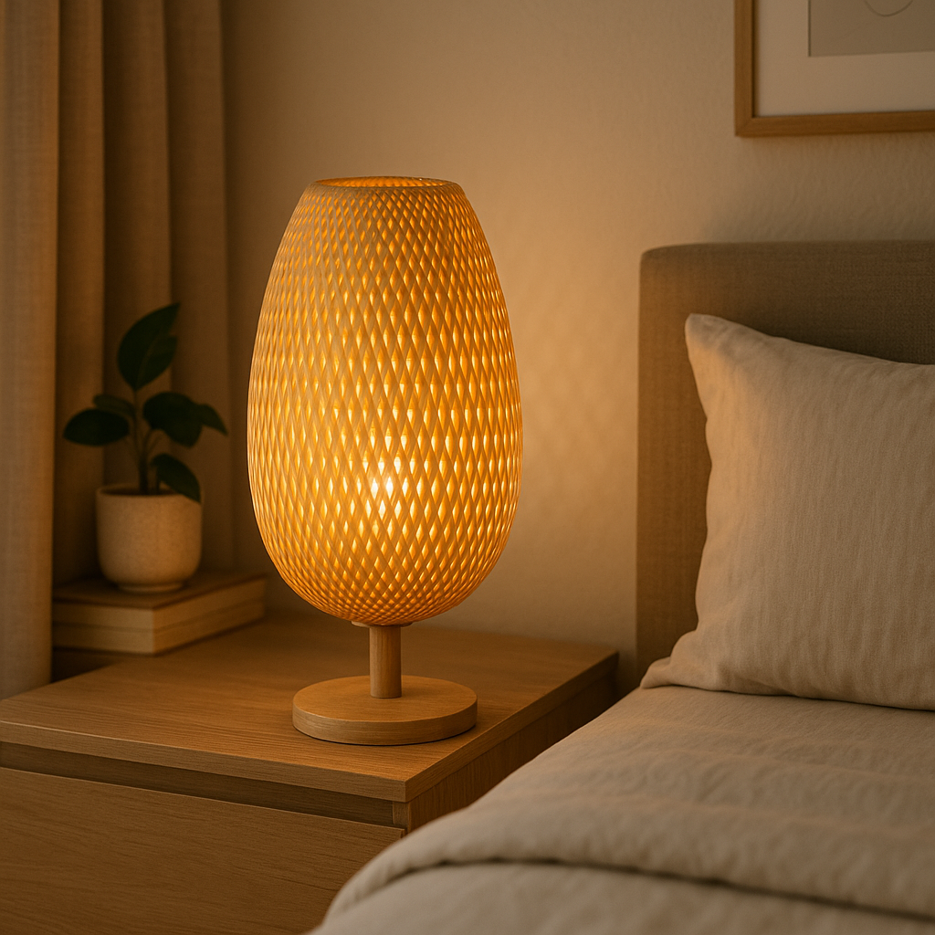Lampe de Chevet Japonaise en Bois et Bambou Tressé – Design Zen, Lumière Chaleureuse et Ambiance Apaisante
