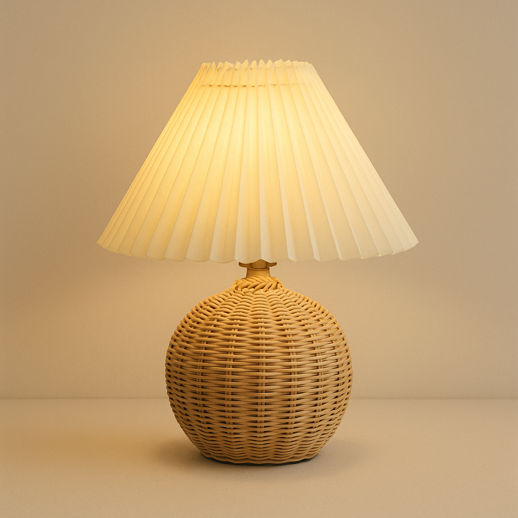 Lampe de Chevet Vintage en Rotin avec Abat-Jour Plissé – LED USB, Style Rétro Élégant et Lumière Douce Apaisante