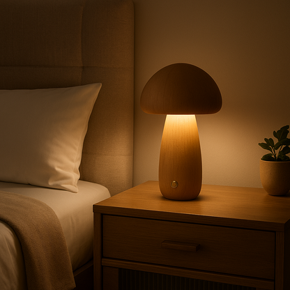 Lampe de Chevet Champignon Bois — LED Tactile 3 Niveaux, Design Minimaliste & Lumière Apaisante