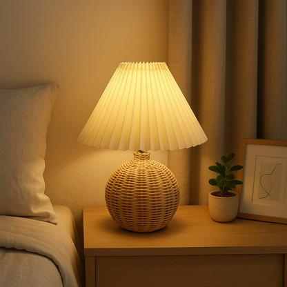 Lampe de Chevet Vintage en Rotin avec Abat-Jour Plissé – LED USB, Style Rétro Élégant et Lumière Douce Apaisante