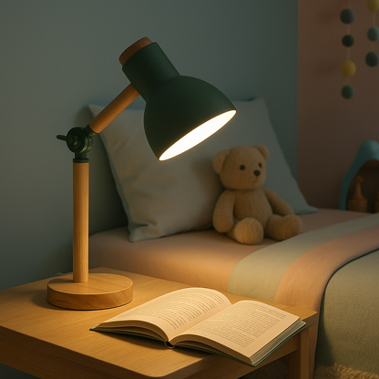 Lampe de Chevet Nordique en Bois — Tête Orientable LED, Design Moderne & Lumière Douce pour Lecture Enfant